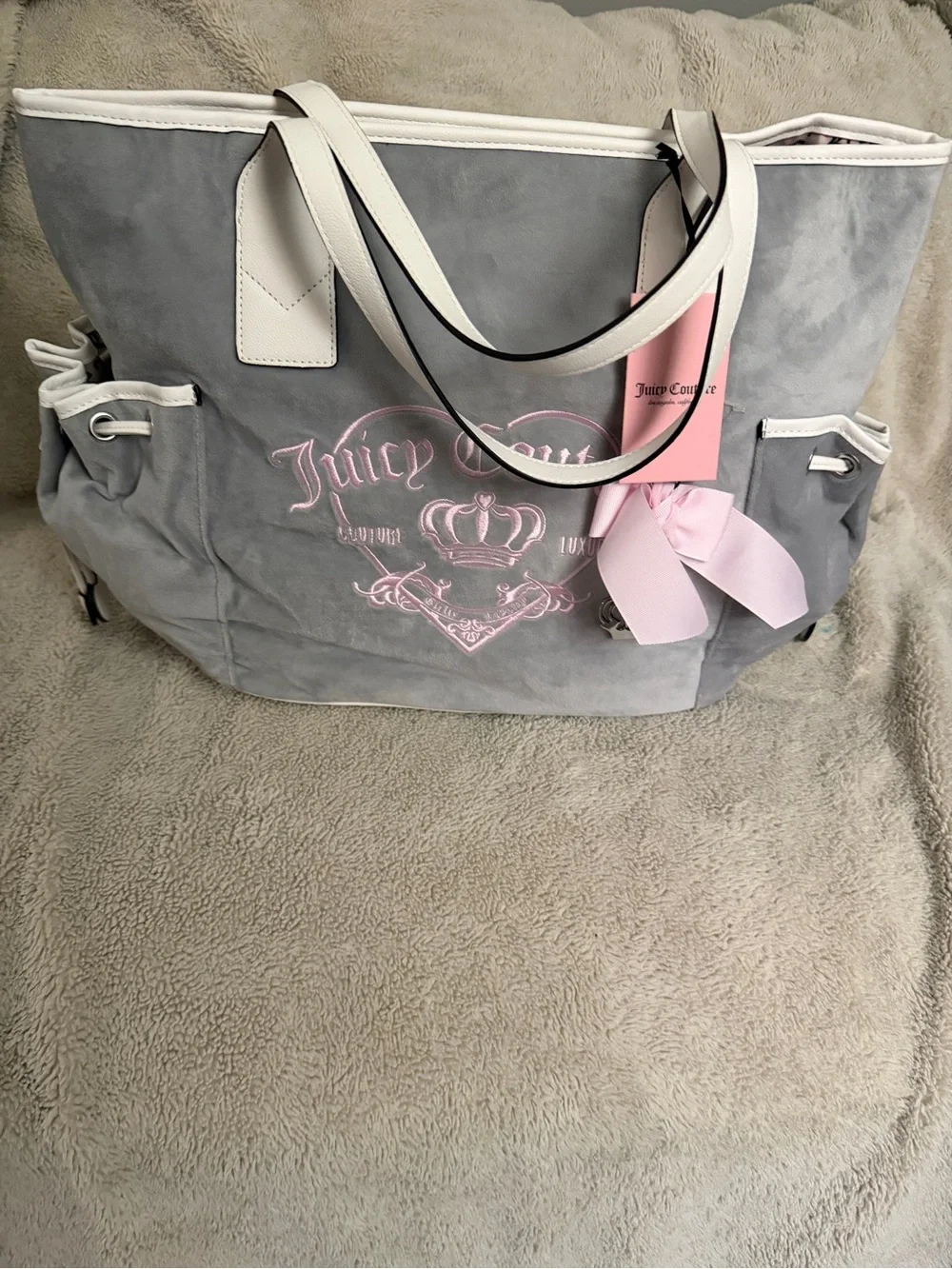 Juicy Couture Gray and Pink Suede Tote with White Trim